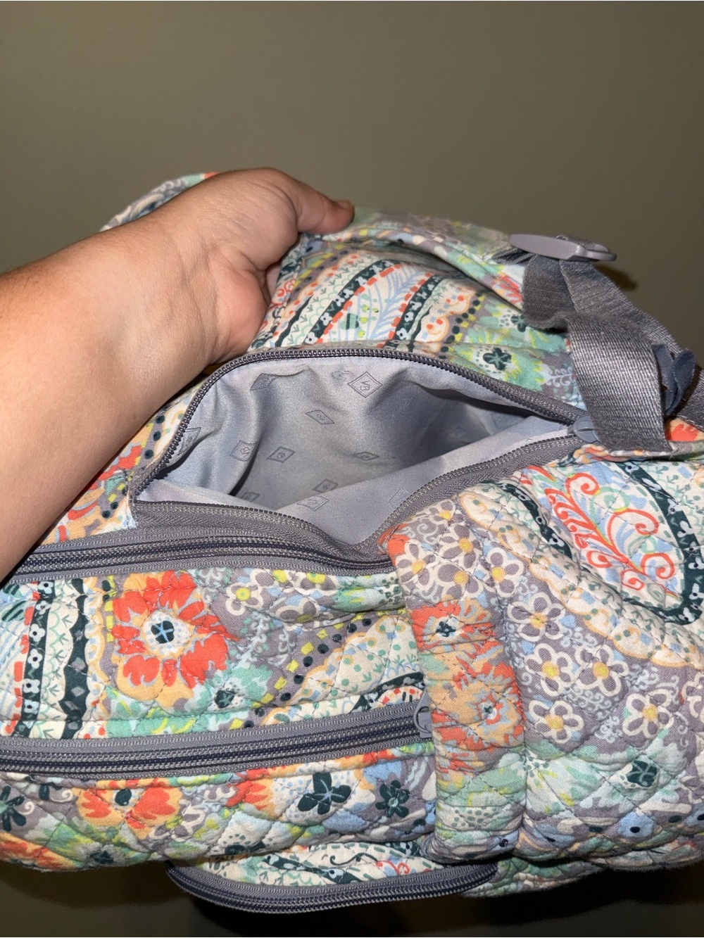 Vera Bradley Gray Quilted Paisley Backpack with Mint & Coral Accents - Picture 9 of 10